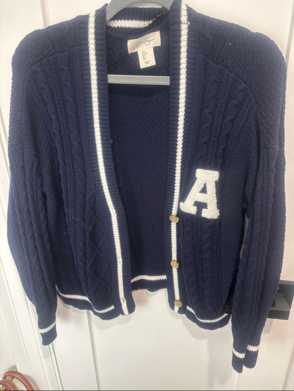 Jessica Simpson Navy Cable-Knit Cardigan with White Trim and 'A' Patch